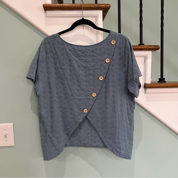 Blue Eyelet Embroidery Button Back Asymmetrical Blouse - Picture 5 of 8